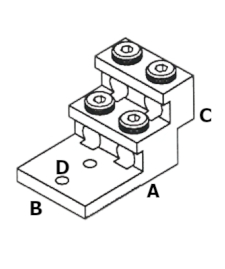 Dimensiones de la Terminal Bimetálica Escalonada 4ABV-600 dos Barrenos, recibe cuatro Cables entre 2 AWG y 600 MCM