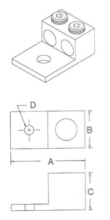 Dimensiones de la Terminal Bimetálica DLA-250 un Barreno para dos Cables entre 6 AWG y 250 MCM