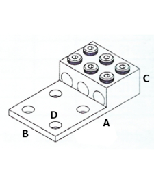 Dimensiones de la Terminal Bimetálica plana L3D4-600  cuatro Barrenos para tres Cables de cobre o aluminio en un rango de calibre entre 2 AWG y 600 MCM.