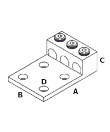 Dimensiones de la Terminal Bimetálica plana L3M4-350  cuatro Barrenos para tres Cables de cobre o aluminio en un rango de calibre entre 6 AWG y 350 MCM.