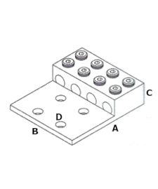 Dimensiones de la Terminal Bimetálica plana L4D4-800  cuatro Barrenos para cuatro Cables de cobre o aluminio en un rango de calibre entre 300 MCM y 800 MCM.