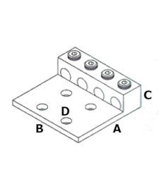 Dimensiones de la Terminal Bimetálica plana L4M4-250  cuatro Barrenos para cuatro Cables de cobre o aluminio en un rango de calibre entre 6 AWG y 250 MCM.